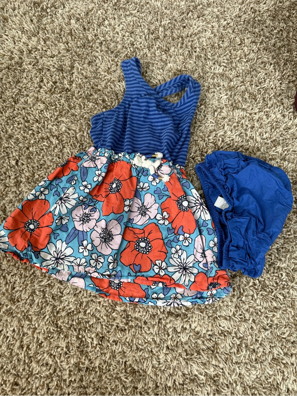 Kids Floral Blue Stripe Summer Dress with Bloomer